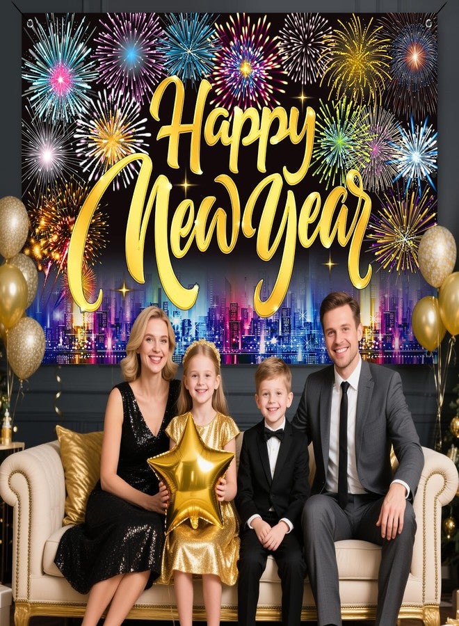 REDWORD Happy New Year 2026, Happy New Year Banner 71x44 Inch New Years Backdrop Reusable New Years Eve Party Supplies 2026 with Fireworks Pattern for New yea r Photo Booth Background Party Decorations - Image 5